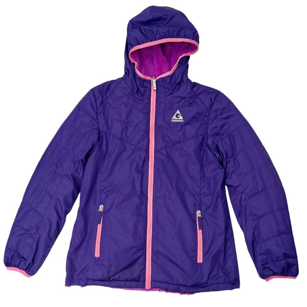 Gerry Jacket Girls Large 14 Purple Full Zip Fleece Lined Reversible Outdoor Warm